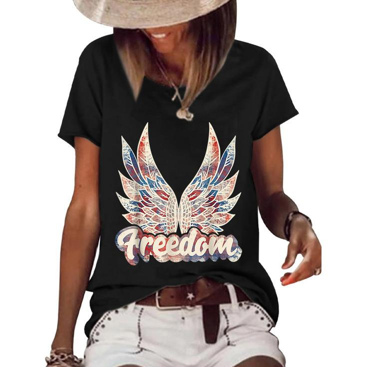 Retro Freedom American Flag Wings 4Th Of July Fourth Of July  Freedom Funny Gifts Women's Short Sleeve Loose T-shirt