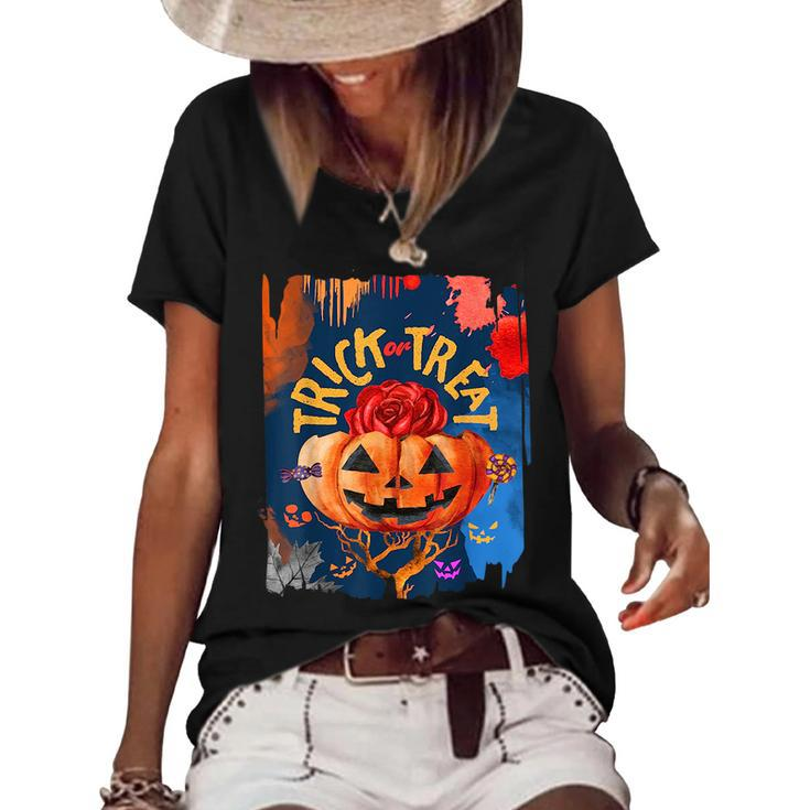 Trick Or Treat Vintage Halloween Pumpkin Rose Women  Pumpkin Funny Gifts Women's Short Sleeve Loose T-shirt