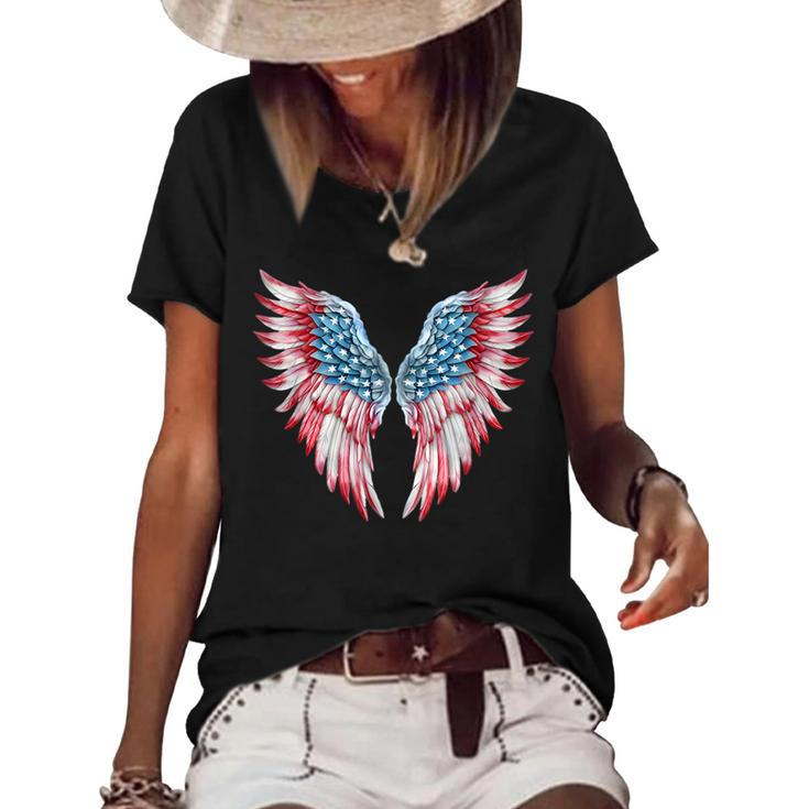 Veterans Day 4Th Of July Patriotic Wings Angel Usa Flag  Patriotic Funny Gifts Women's Short Sleeve Loose T-shirt