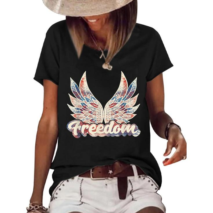 Vintage Freedom Wings 4Th Of July Patriotic Angel Wings Usa  Patriotic Funny Gifts Women's Short Sleeve Loose T-shirt