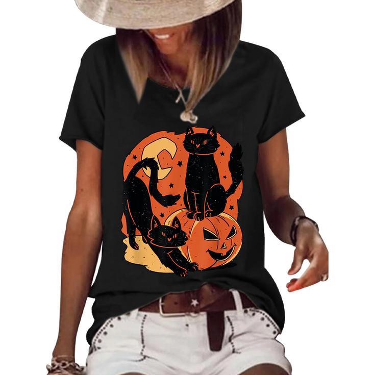 Vintage Scary Halloween Black Cats And Pumpkin Women's Short Sleeve Loose T-shirt