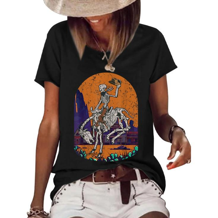 Western Country Cowgirl Cowboy Skeleton Halloween Spooky Women's Short Sleeve Loose T-shirt