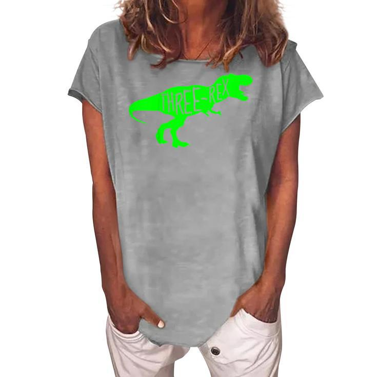 Kids 3 Year Old Birthday Boy Dinosaur Three Rex Green Dinosaur Women's Loosen T-Shirt