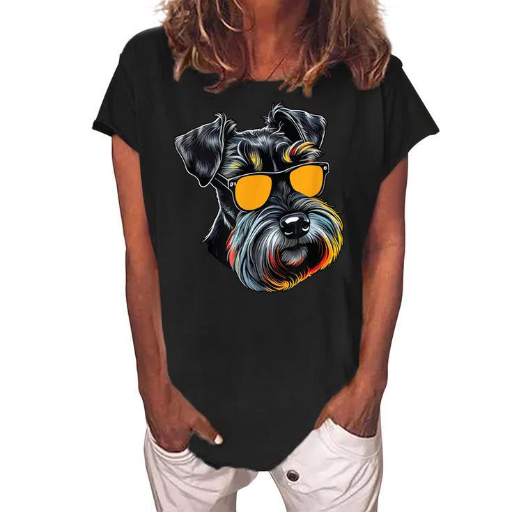 Dad Mom Cool Dog Sunglasses Miniature Schnauzer Women's Loosen Crew Neck Short Sleeve T-Shirt