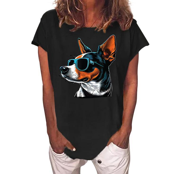 Dad Mom Cool Dog Sunglasses Rat Terrier Women's Loosen Crew Neck Short Sleeve T-Shirt
