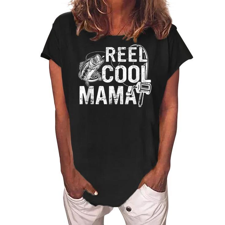 Distressed Reel Cool Mama Fishing Mothers Day  Gift For Women Women's Loosen Crew Neck Short Sleeve T-Shirt