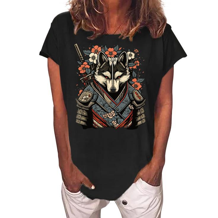 Japanese Samurai Wolf Tattoo Vintage Kawaii Ninja  Gift For Women Women's Loosen Crew Neck Short Sleeve T-Shirt