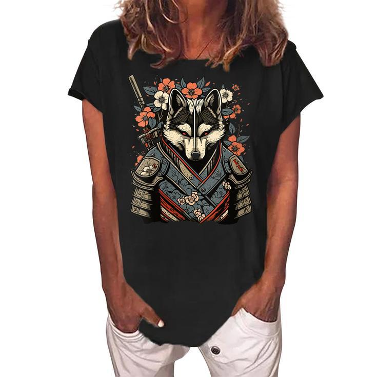 Japanese Samurai Wolf Tattoo Vintage Kawaii Ninja  Gift For Womens Gift For Women Women's Loosen Crew Neck Short Sleeve T-Shirt