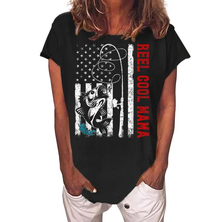 Usa Flag Reel Cool Mama Fishing Fisher Fisherman  Gift For Women Women's Loosen Crew Neck Short Sleeve T-Shirt