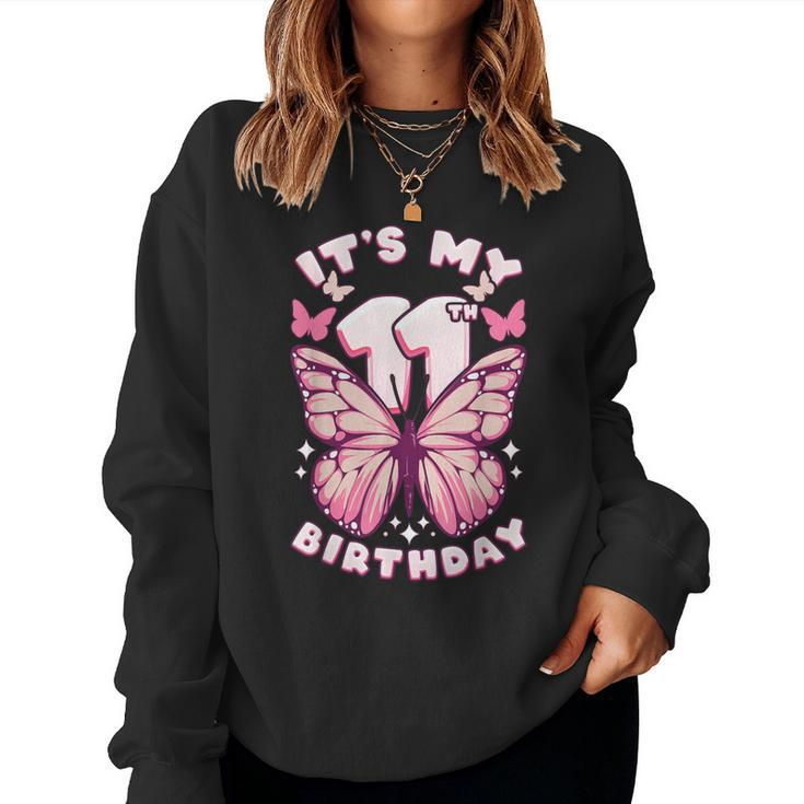 11Th Birthday Girl 11 Years Butterflies And Number 11 Women Sweatshirt