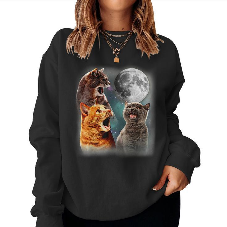 3 Cat Moon Howling Cat Head For Cat Lover Cat Dad Cat Mom  Women Crewneck Graphic Sweatshirt