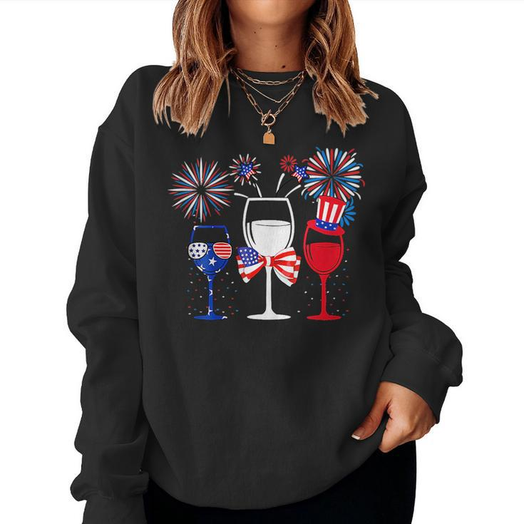 4Th Of July Red White Blue Wine Glasses Fireworks Usa Women Sweatshirt