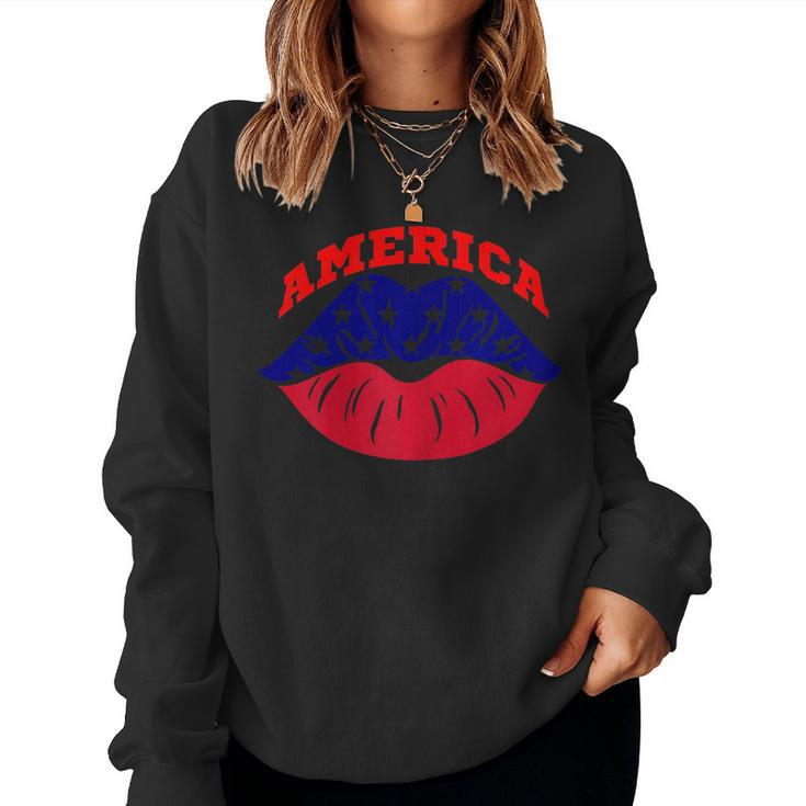 4Th Of July Top Lips American Flag Women Sweatshirt