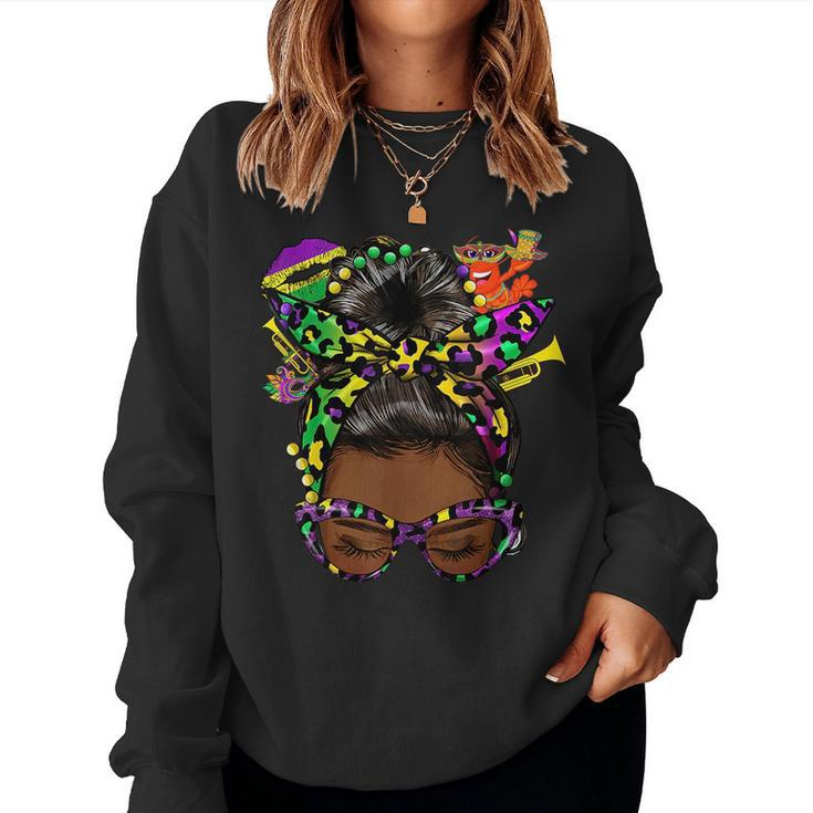 Afro Messy Bun Happy Mardi Gras Black Women Carnival  Women Crewneck Graphic Sweatshirt