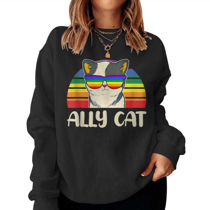 Ally Cat Glasses Sunset Rainbow Lgbt Gay Lesbian Trans Pride Women Sweatshirt