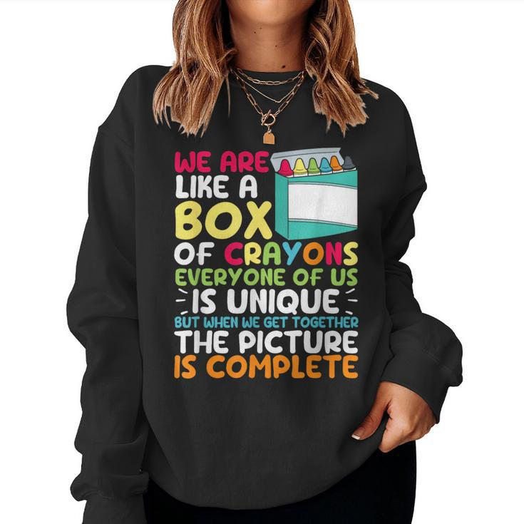 Back To School Teacher We Are Like A Box Of Crayons Student  Women Crewneck Graphic Sweatshirt
