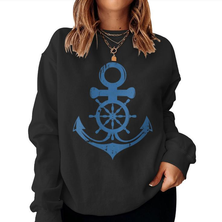 Blue Anchor And Ship Sring Wheel Maritime Sailor Nautical Women Sweatshirt