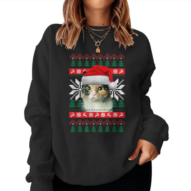 Calico Cat Ugly Christmas Sweater Style Santa Hat Kitty Mom Women Sweatshirt