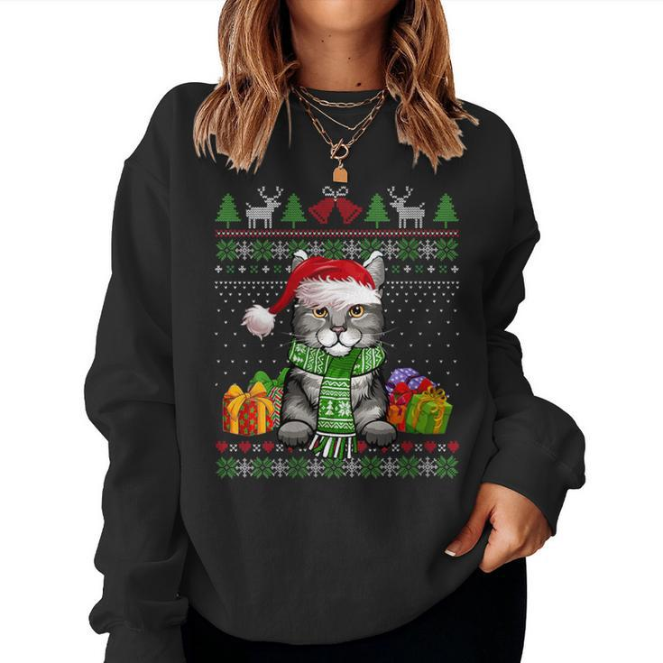 Cat Lover Cute Pixiebob Cat Santa Hat Ugly Christmas Sweater Women Sweatshirt