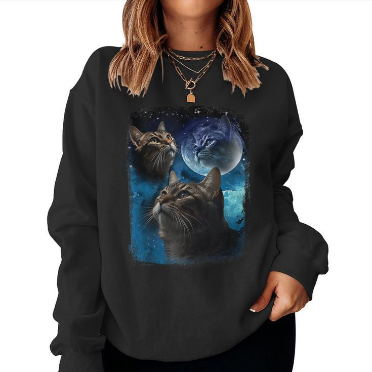 Cats Howl At Moon Vintage Three Cat Howling Wolf Meme Women Sweatshirt