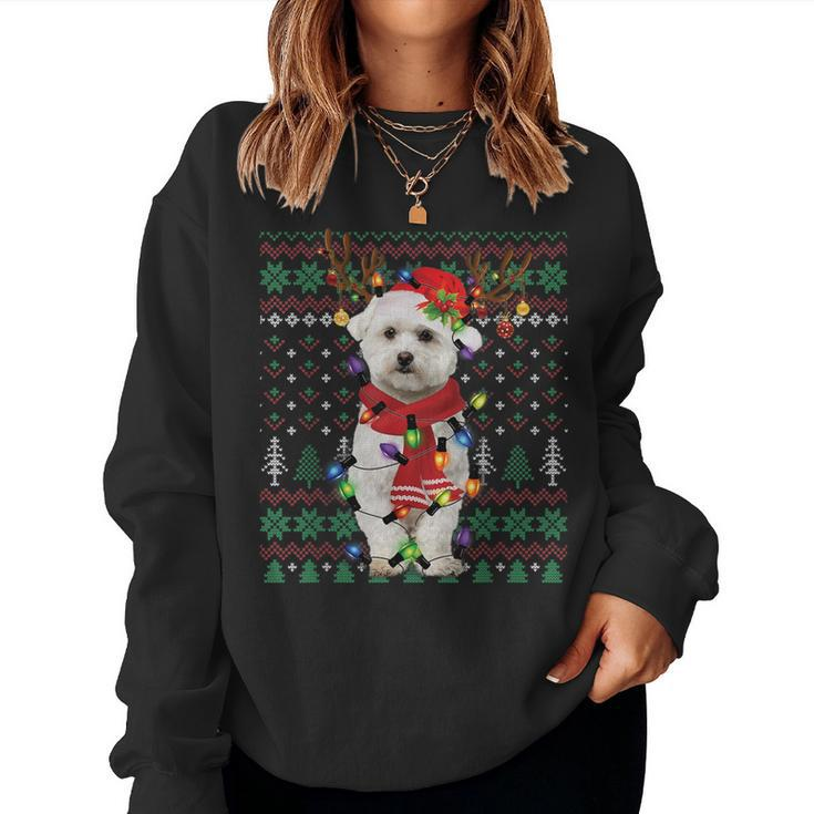 Christmas Lights Bichon Frise Reindeer Santa Ugly Sweater Women Sweatshirt