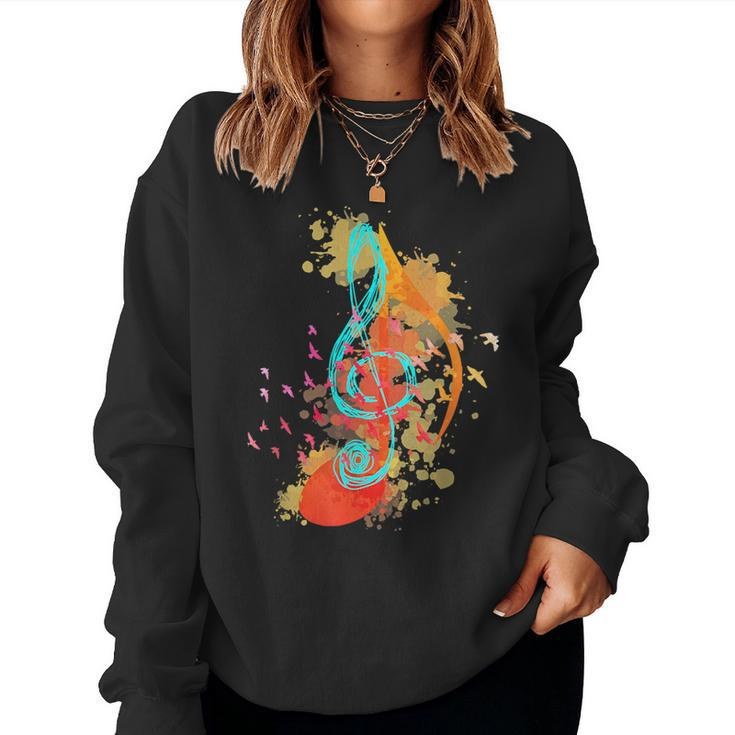 Colorful Treble Clef Music Theory Musician Teacher Birds  Women Crewneck Graphic Sweatshirt
