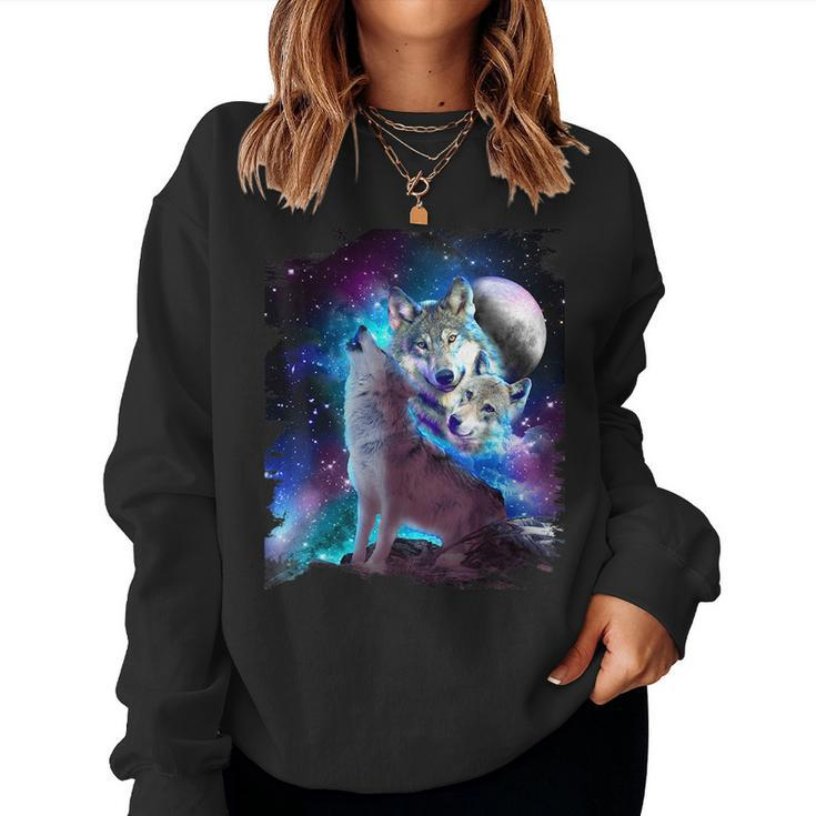 Cosmic Space Wolf Wolves Family Howling At Moon  Women Crewneck Graphic Sweatshirt