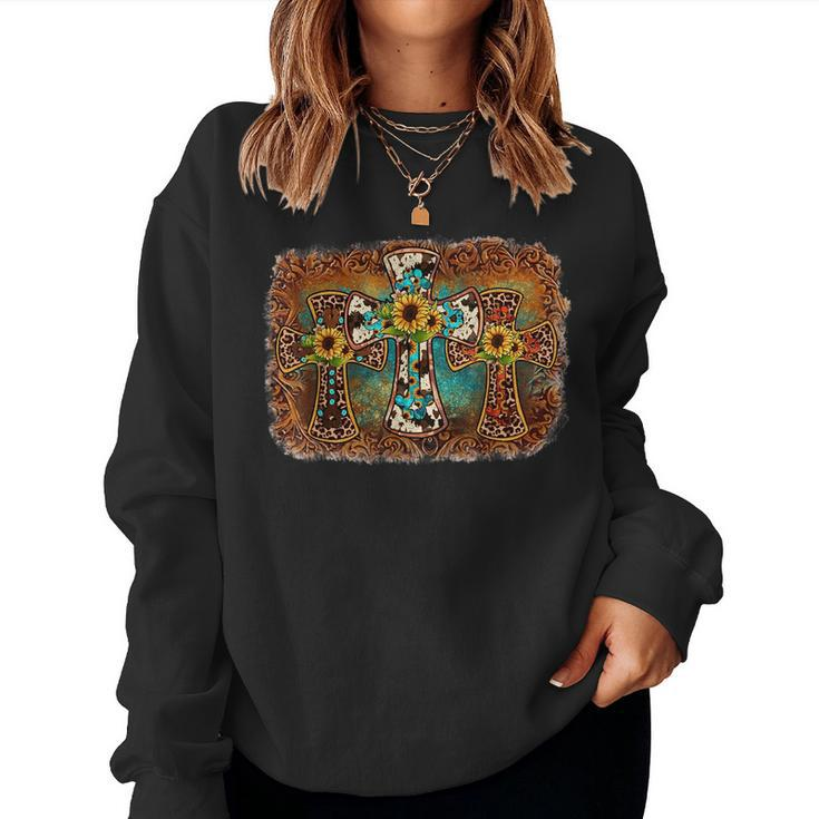Cowhide Turquoise Jesus Cross Faith Christian Cowgirl Rodeo Faith Women Sweatshirt