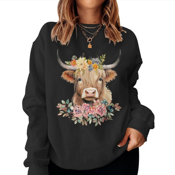 Cute Baby Highland Cow With Flowers Calf Animal Christmas Women Sweatshirt