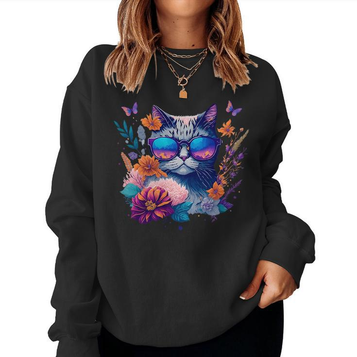 Cute Cat With Sunglasses Flowers & Butterflies Women Sweatshirt