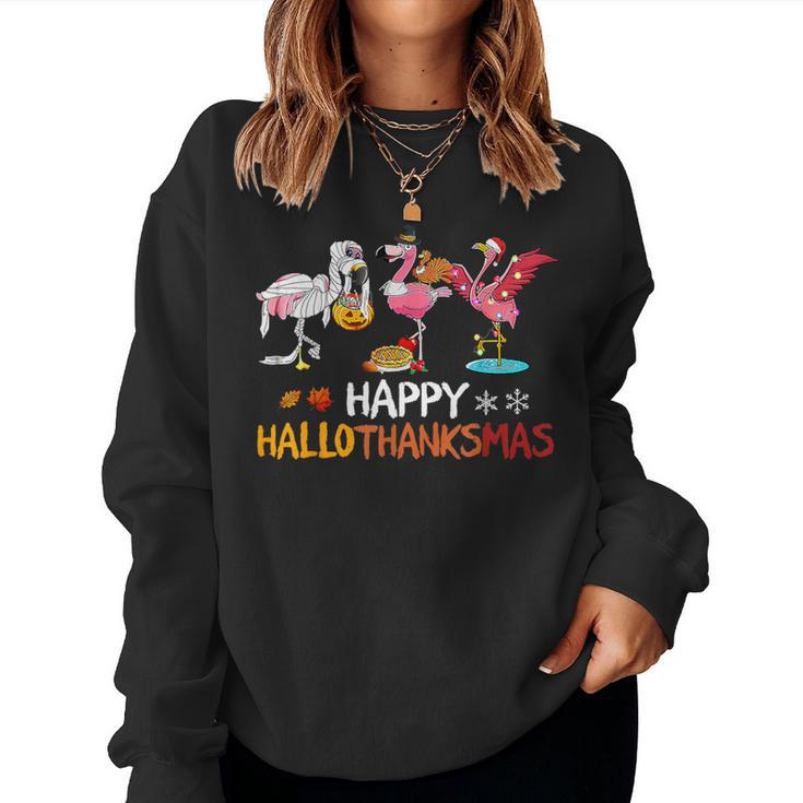 Cute Flamingo Hallothanksmas Happy Halloween Thanksgiving Women Sweatshirt