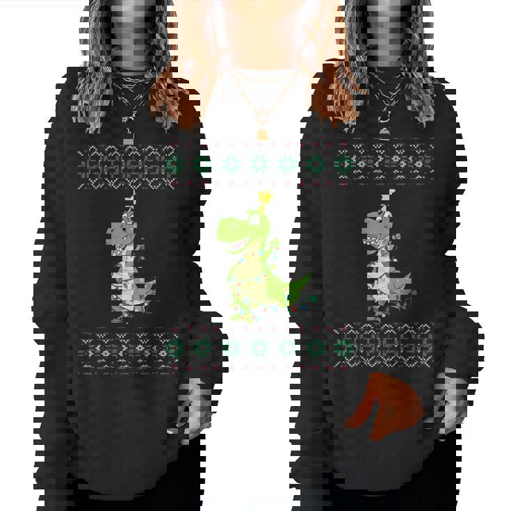 Dinosaur Ugly Sweater Christmas Lights Dinosaur Women Hoodie