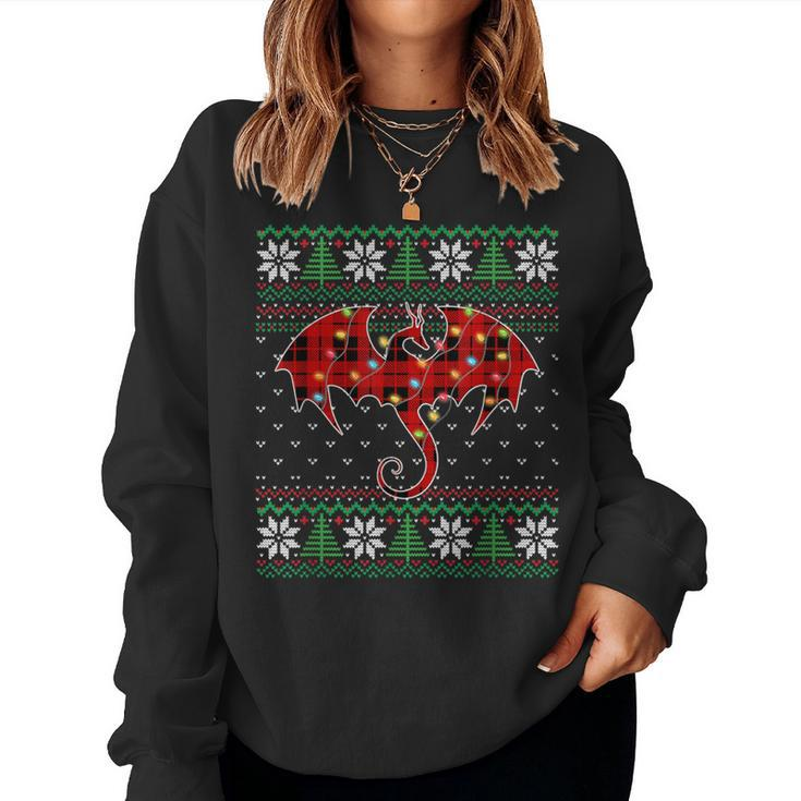 Dragon Red Plaid Ugly Sweater Christmas Lights Dragon Lover Women Sweatshirt