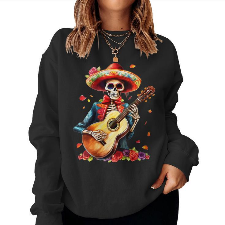 Floral Guitar Dia De Los Muertos Cute Mariachi Day Of Dead Women Sweatshirt