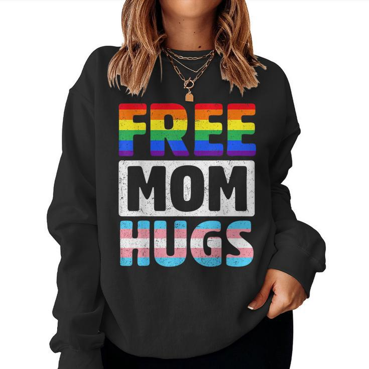 Free Mom Hugs Groovy Rainbow Heart Lgbt Flag Pride Month Women Sweatshirt