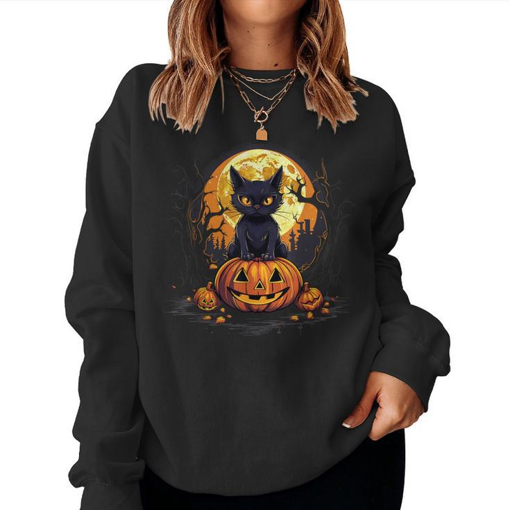 Full Moon Halloween Scary Black Cat Costume Pumpkins Women Sweatshirt