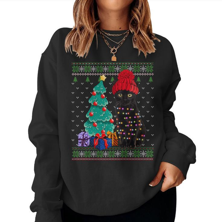 Cat Lovers Black Cat Santa Hat Ugly Christmas Sweater Women Sweatshirt