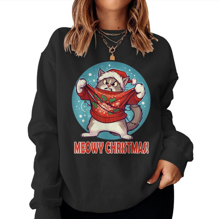 Cat In Ugly Sweater Meowy Christmas Pajama Women Sweatshirt