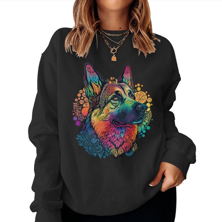 Funny German Shepherd Dog Hippie Mandala  Women Crewneck Graphic Sweatshirt