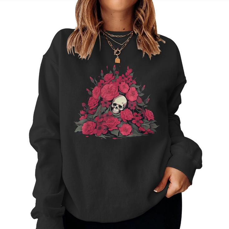 Grave With Skeleton Face And Red Roses And Plants Women Sweatshirt