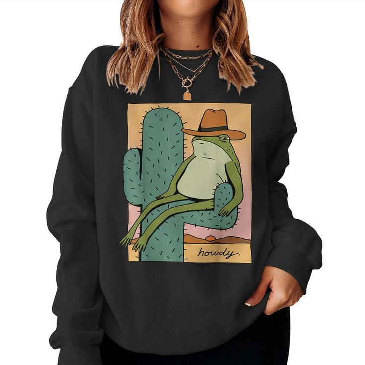 Funny Howdy Cactus Frog Hat Meme Cute Women Crewneck Graphic Sweatshirt