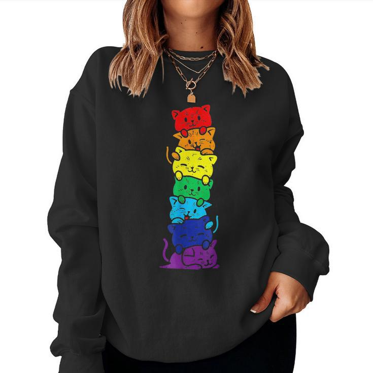 Funny Lgbt Cat Stack Rainbow Gay Pride Gift For Cat Lover  Women Crewneck Graphic Sweatshirt