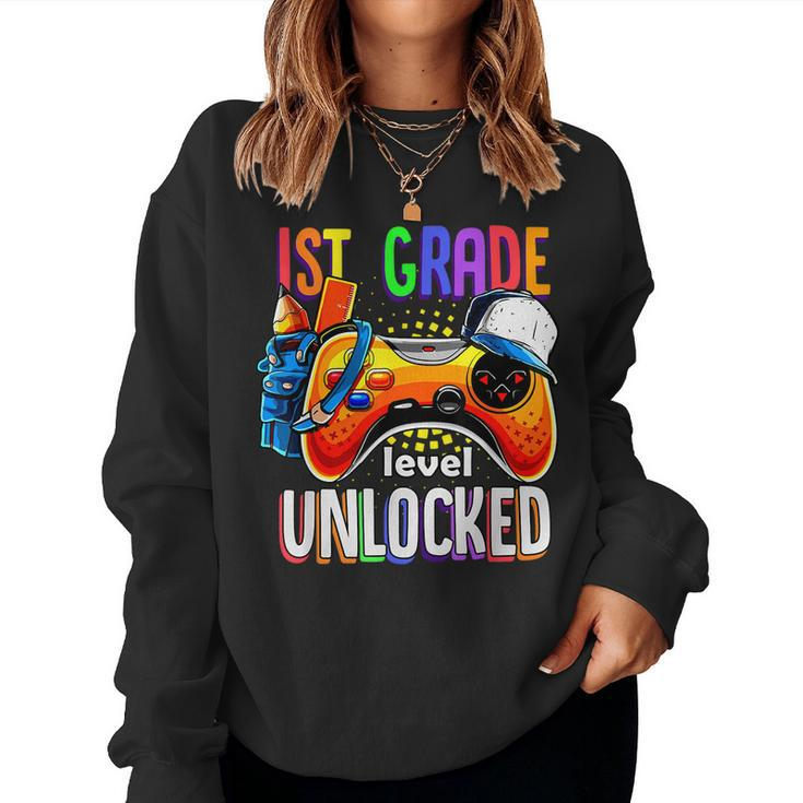 Gamer Back To School Gamepad 1St First Grade Level Unlocked Women Crewneck Graphic Sweatshirt