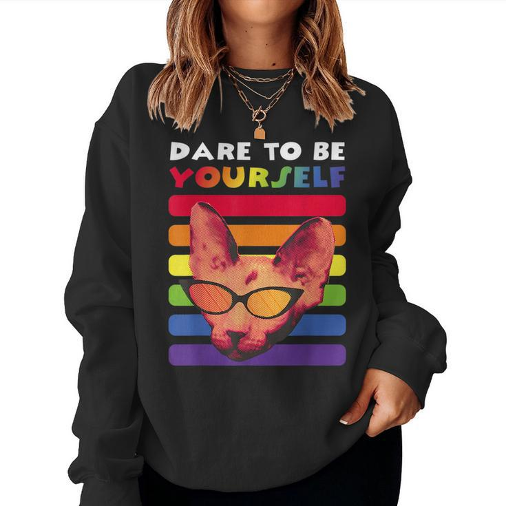 Gay Pride Dare To Be Yourself Rainbow Lgbt Vintage Retro Cat Women Sweatshirt