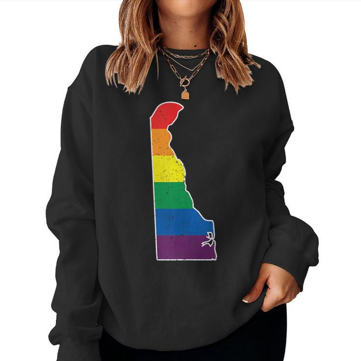 Gay Pride Flag - Delaware State Map - Rainbow Stripes Women Sweatshirt