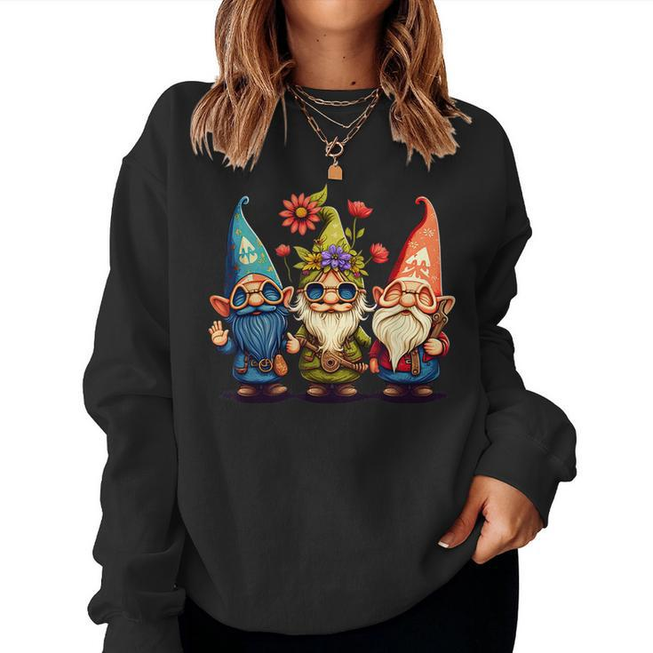 Gnome Cute And Funny Gnome Hippie Sunflower Peace Love  Women Crewneck Graphic Sweatshirt