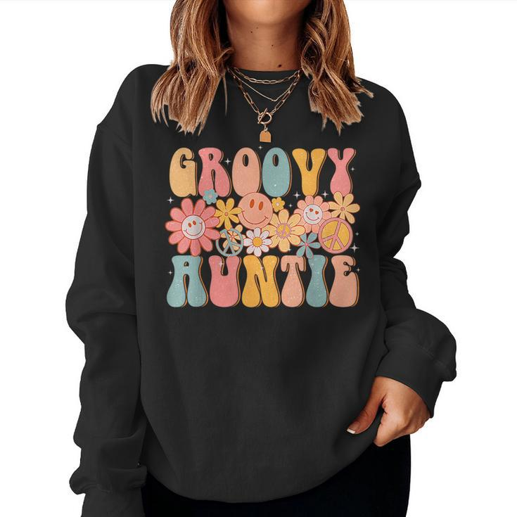 Groovy Auntie Retro Aunt Colorful Peace Sign Smile Face Women Sweatshirt