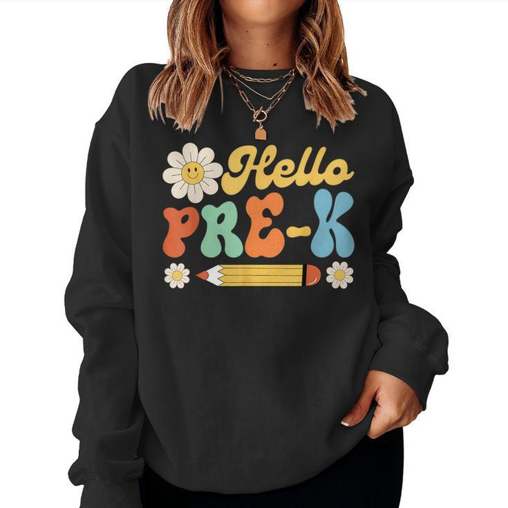 Groovy Hello Pre-K First Day Of School Teachers Kids Girls  Women Crewneck Graphic Sweatshirt