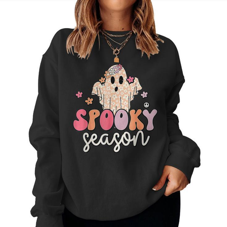 Groovy Spooky Season Cute Ghost Flower Halloween Women Sweatshirt