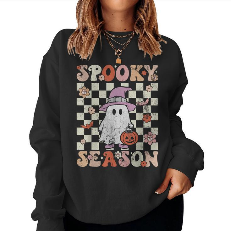 Groovy Spooky Season Cute Ghost Pumpkin Halloween Retro Women Sweatshirt